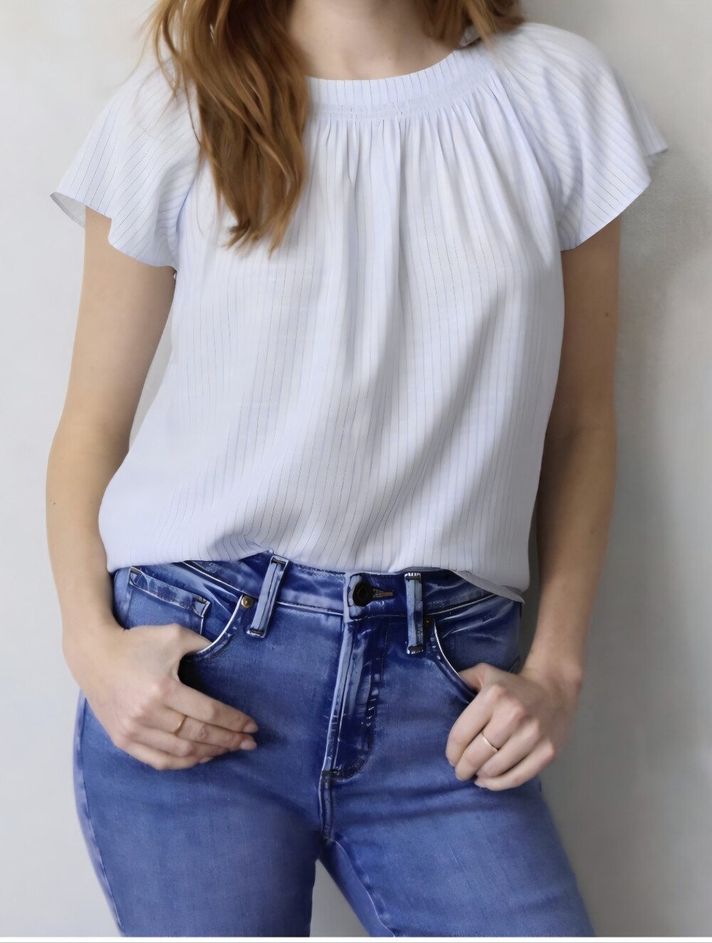 LC Lauren Conrad Pale Blue Striped Tie-Back Peasant Blouse